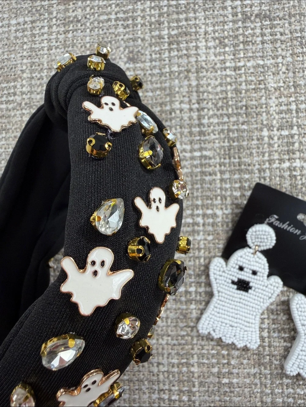 Black Halloween Ghost Headband with White Ghost Earrings